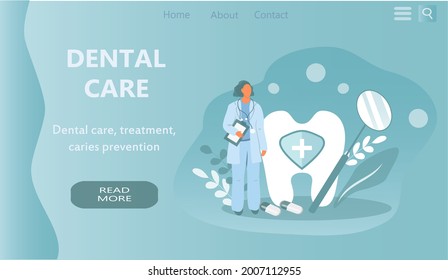  vector illustration, banner for website on the theme of dentistry, dental care. big tooth, dental mirror, doctor, pills and flowers. trend illustration in flat style.