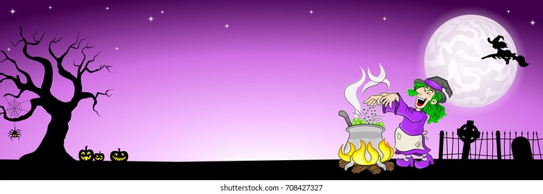 vector illustration of a banner with a witch cooking a magic potion in the cauldron