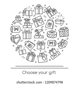 Vector illustration banner with wrapped and decorated gift boxes pictograms with editable stroke collected in form of circle - isolated line icons of present packages for congratulation or promotion.