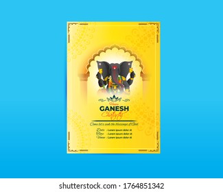 VECTOR ILLUSTRATION FOR BANNER/GREETING/FLYER/WEB HEADER FOR INDIAN LORD GANESHA FESTIVAL WITH HINDI TEXT MEANS GANESHA CHATURTHI, FESTIVE BACKGROUND CONCEPT