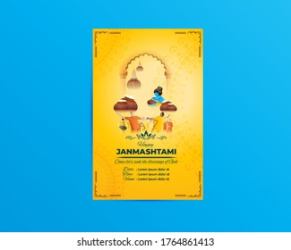 VECTOR ILLUSTRATION FOR BANNER/GREETING/FLYER/WEB HEADER FOR INDIAN LORD KRISHNA FESTIVAL WITH TEXT MEANS JANMASHTAMI, FESTIVE BACKGROUND CONCEPT