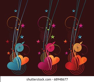 Ilustración vectorial de los carteles contiene corazón y remolinos.