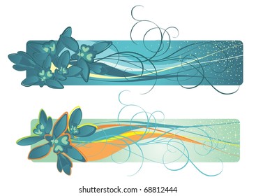 Vector illustration of banners contains snowdrops and curved lines.