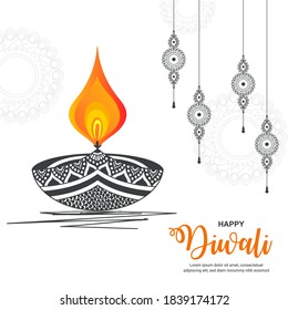 Vector illustration for banners, posters and background with creative line art decorated floral diya background of indian festival for diwali celebration.