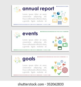 Vector illustration / banners set / annual report goals events lettering