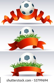 Ilustración vectorial - pancartas con bolas de fútbol y cintas rojas