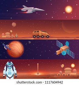 Vector Illustration Banners Of Space Flight Spaceships Exploration. Mars In Outer Space, Galaxy Mars Rover, Rocket Shuttle And Colony City Base With Astronaut.