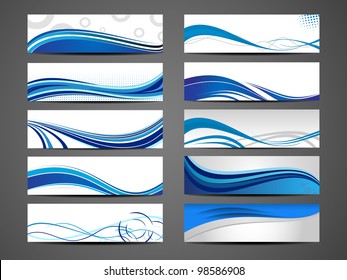 Vector illustration of banners or website headers with abstract wave forms in blue color. EPS 10.