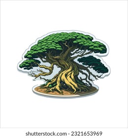 vector illustration of a banyan bonsai, natural color, abstract back ground.