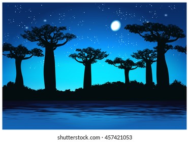Vector illustration Baobab trees at night. Seamless horizontally if needed