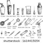 Vector illustration of bar barman instruments and tools set. N2O charger, shaker, muddler, jigger, grater, mixing glass, ice pick, spoon, juicer, peeler, knife, matches. Vintage hand drawn style.