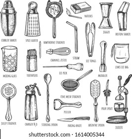 Vector illustration of bar barman instruments and tools set. Bartender mixing, opening and garnishing utensils. Vintage hand drawn style