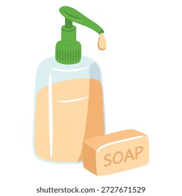 Ilustración vectorial de barra y botella de jabón líquido aislado perfecto para la higiene Cuidado personal Embalaje Baño o diseño cosmético Obras de arte temáticas
