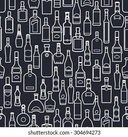 Vector Illustration of Bar Bottle Seamless Pattern Outline for Design, Website, Background, Banner. Alcohol Element for Barman Infographc. Menu or restaurant Element Template. Texture for Wallpaper 