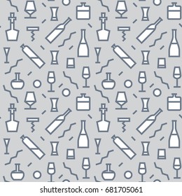 Vector Illustration of Bar Bottle Seamless Pattern Outline for Design, Website, Background, Banner. Alcohol Element for Barman Infographc. Menu or restaurant Element Template. Hipster fashion. Memphis
