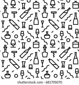 Vector Illustration of Bar Bottle Seamless Pattern Outline for Design, Website, Background, Banner. Alcohol Element for Barman Infographc. Menu or restaurant Element Template. Hipster fashion. Memphis