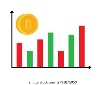 Ilustración vectorial de gráficos de barras para informes analíticos y estadísticos en colores rojo y verde y monedas de criptomonedas bitcoin con un estilo de diseño plano. Presentaciones financieras, comerciales, de crecimiento y de datos.