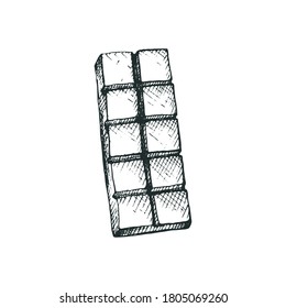 Vector illustration of a bar of chocolate in a hand drawn styler. Matcha tea or milk chocolate or cocoa bitter chocolate. Icon or packaging design label