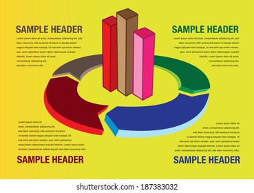 Vector illustration of bar graph and pie chart with arrow head. Layout template for business presentation with copy space.