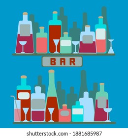 Vector illustration of a bar. Image of bottles and glasses on the background wine color. Design for menus, wine lists, textiles, kitchen utensils. Interior posters, cafe, bar decoration. Retro style.