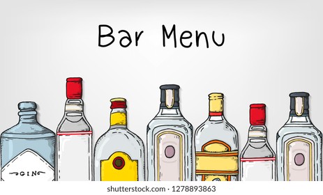 Vector Illustration of Bar Menu Template with Gin Bottles Sketch Style