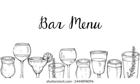 Vector Illustration of Bar Menu Template with Wine, Beer and Cocktail Glasses Sketch Style
