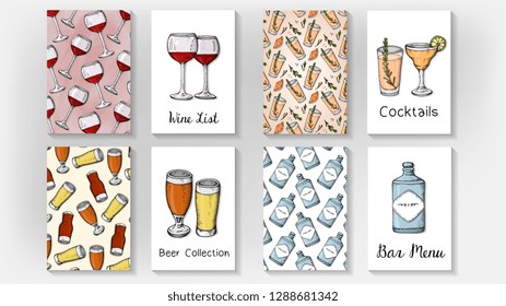 Vector Illustration of Bar Menu Templates with Wine Glasses, Cocktails, Beer Glasses and Gin Bottle