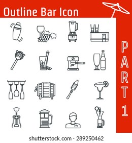 Vector Illustration of Bar Outline Icon for Design, Website, Background, Banner. Silhouette  Element for Alcohol Infographic. Menu Template for Restaurant or Cafe. Barman stuff and inventory