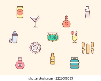 Vector illustration of a bar and pub elements. Contains such as alcohol, drink, cocktail, bar glass, bottle, beer, beverage, liquor and more. Flat illustration style line drawing. 