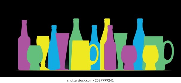 Vector illustration for bar, pub, restaurant menu. Multicolored silhouettes of different alcohol bottles without labels, wine glasses, cocktails