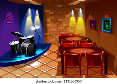 vector illustration of bar, restaurant, musicians, party, drums, drum set, stage, tables,