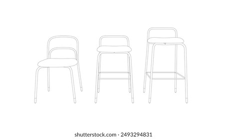 Vector illustration Bar stool icons set of contours. Chair bench. Club furniture. Front view.
