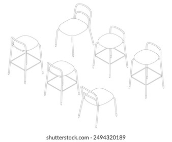 Ilustración vectorial Bar taburete iconos conjunto de contornos. Silla de banco. Mobiliario de club. Vista isométrica. 3P.