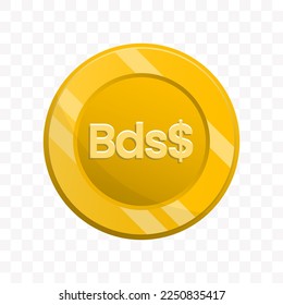 Vector illustration of Barbados Dollar coin in gold color on transparent background (PNG).