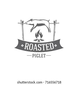 vector illustration barbecue badges, pig emblem grilled roasted at the stake on white background, for advertising and menu design / pig roasted vector emblem 