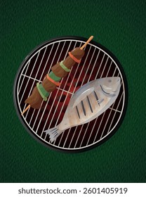 Vector illustration of a barbecue: fish and skewer, top view