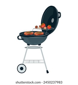 Vector illustration of Barbecue Grill. BBQ grill with roasted pork steaks and tasty grilled vegetables for summer party, isolated round barbeque in a flat style on white background.