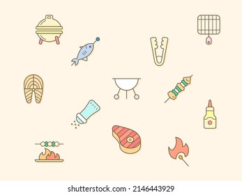 Vector illustration of a barbecue and Grill elements. Contains such as BBQ, picnic, camping, meat, steak, food, outdoor, hiking, sausages, beef and more.