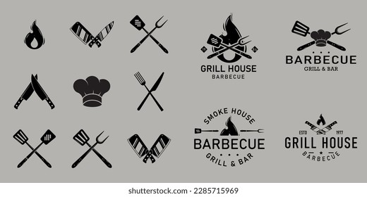 Vektorgrafik-Grill, Logo-Set vom Grill. Set von 9 Vintage-Grillsymbolen. BBQ-Grafikvorlagen für Grill, Butchery, Restaurant, Kochklasse, Grilleembleme. 