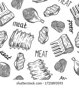 Vector illustration of barbecue and grill meat seamless pattern in doodle style, great element for your design.