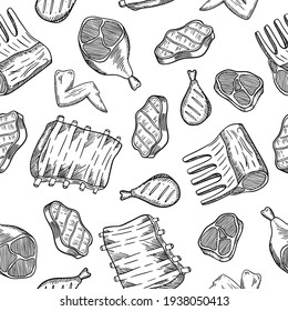 Vector illustration of barbecue and grill meat seamless pattern in doodle style, great element for your design.