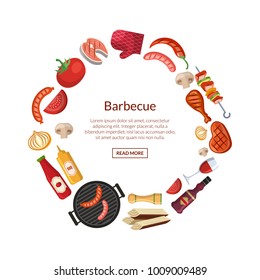 Vector illustration with barbecue, grill or steak cooking elements in circle with place for text in center