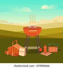 Vector illustration of a barbecue outdoors. Summer picnic in the park. Weekend with family and friends. Collection of objects: bbq grill, basket, steak and others.