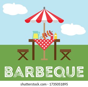 Vector illustration of a barbecue party. Hot dogs and drinks