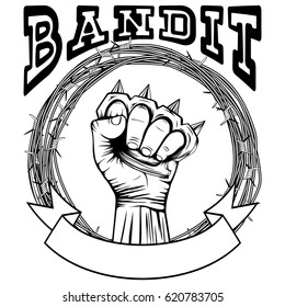 Vector illustration barbed wire and brass knuckle. Inscription bandit. For tattoo or t-shirt design.