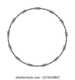 Vector illustration of barbed wire circle isolated on white background. Circle shape frame from twisted barbwire. Security fence sign. 