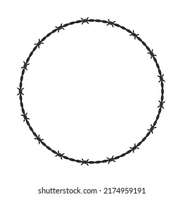 Vector illustration of barbed wire circle isolated on white background. Circle shape frame from twisted barbwire. Security fence sign. 
