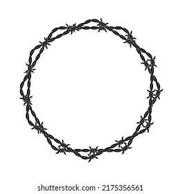 Vector illustration of barbed wire circle isolated on white background. Circle shape frame from twisted barbwire. Security fence sign.