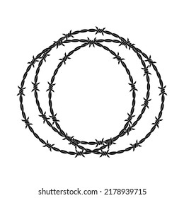 Vector illustration of barbed wire circle isolated on white background. Circle shape frame from twisted barbwire. Security fence sign. 