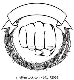 Vector Illustration Barbed Wire And Fist. For Tattoo Or T-shirt Design.